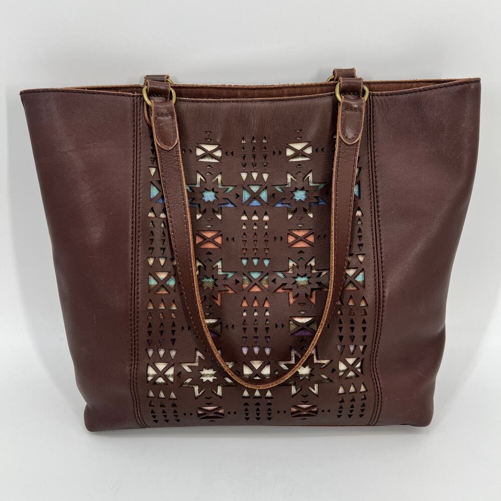 Pendleton Open Top Tote Bag Chocolate Brown Leather Laser Cut Wool Blanket Panel